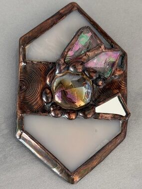 Gorgeous Handcrafted Large Copper Brooch with Stained Glass and Mirror Inlays